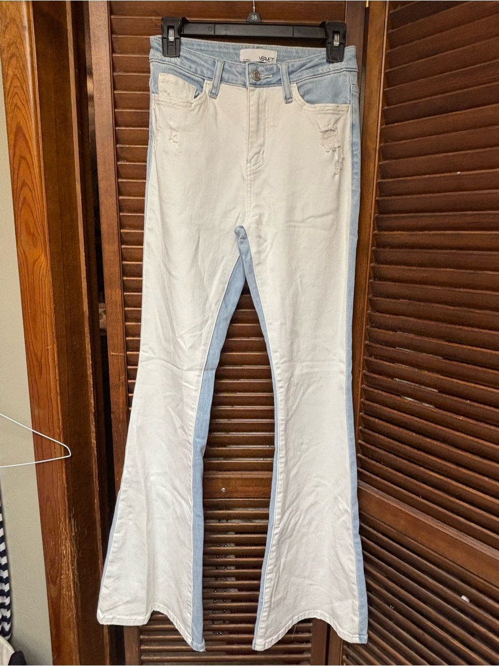 Two-Tone White and Light Blue Flare Jeans - Women's